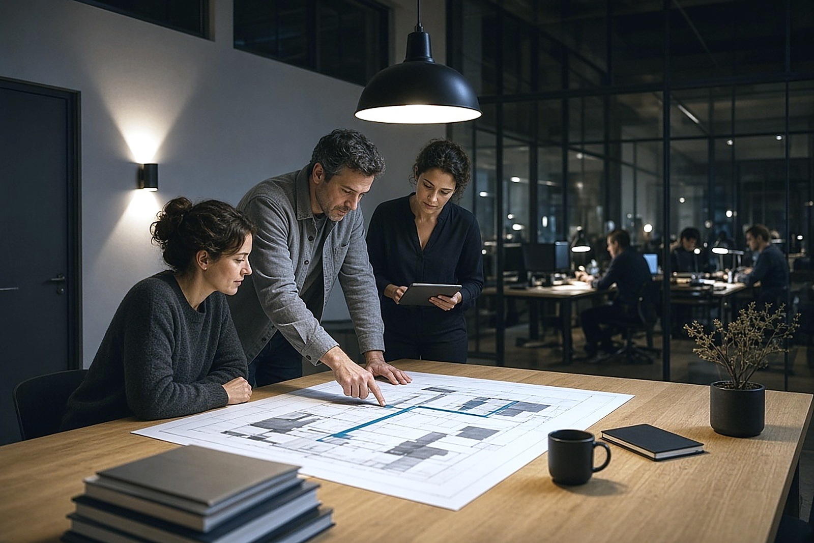 Three colleagues working together at a table over a large printed schematic, one tracing a route across it while the others follow the same line.