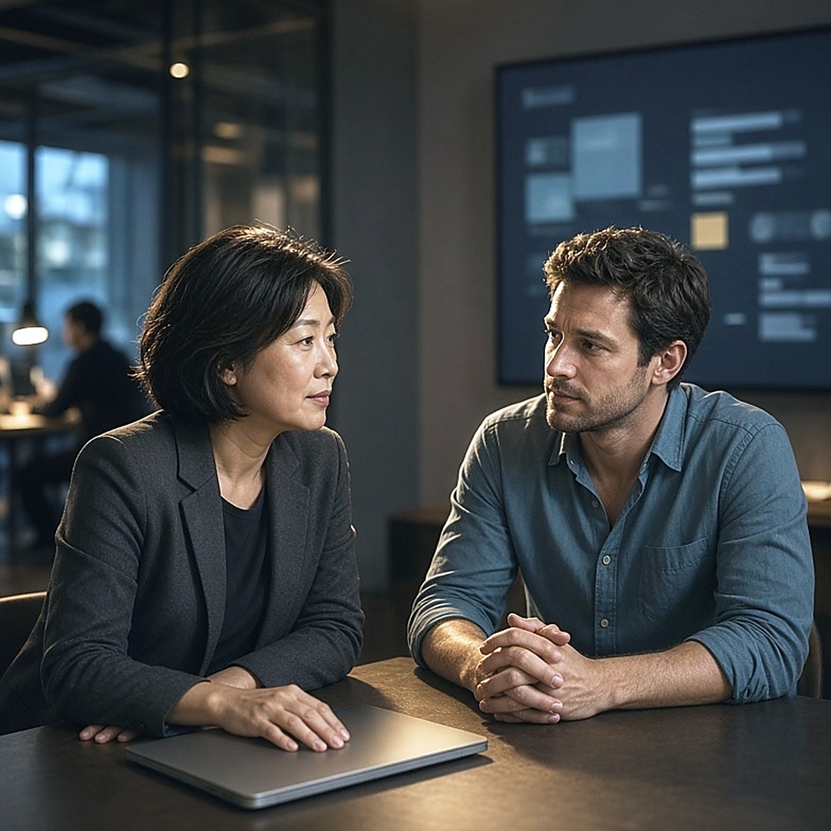 Two colleagues mid-decision at the corner of a boardroom table, a wall screen of soft chart blocks out of focus behind them.