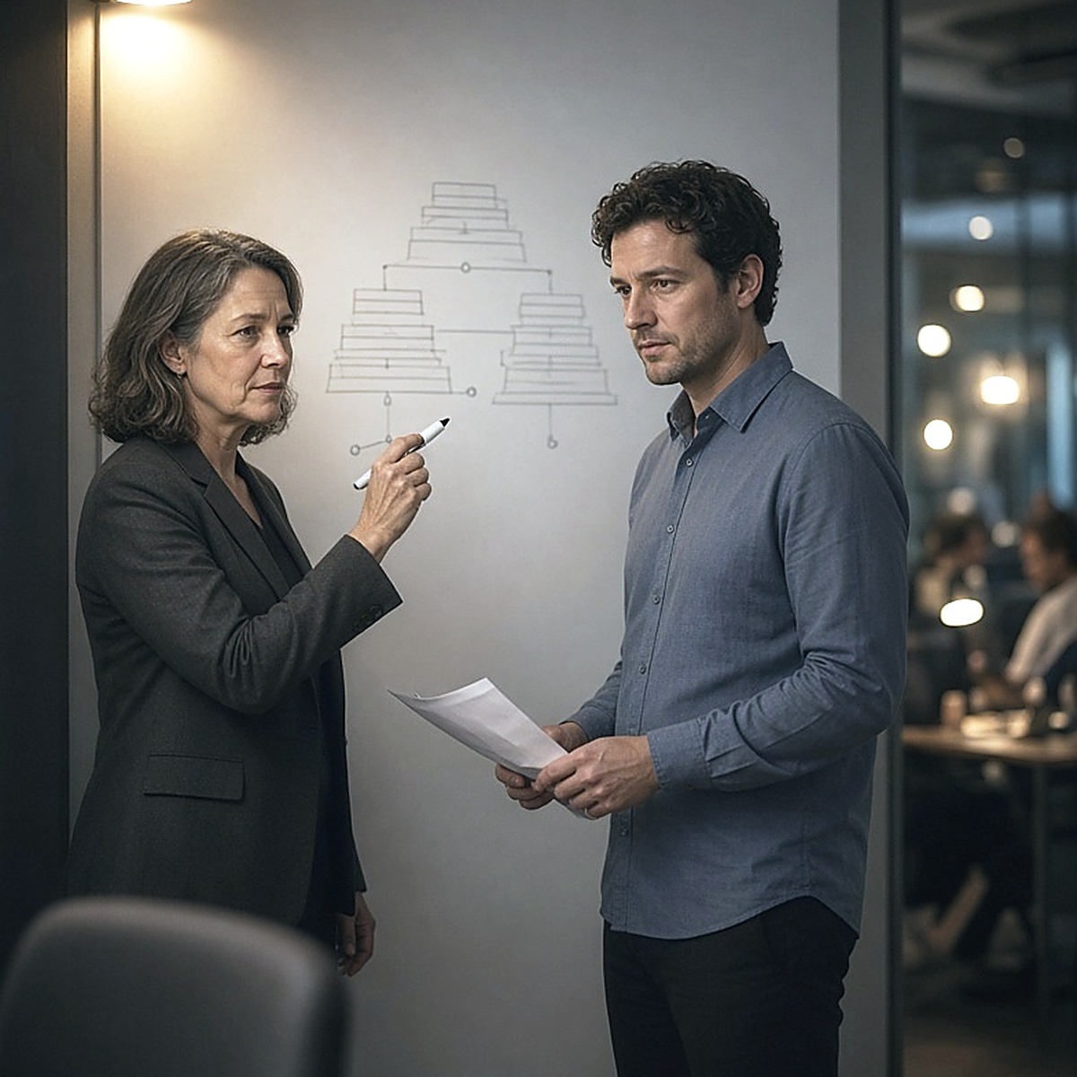 Two colleagues at a whiteboard of tiered boxes and connectors, one holding a capped marker against the board, a glass wall onto an adjacent populated room behind them.