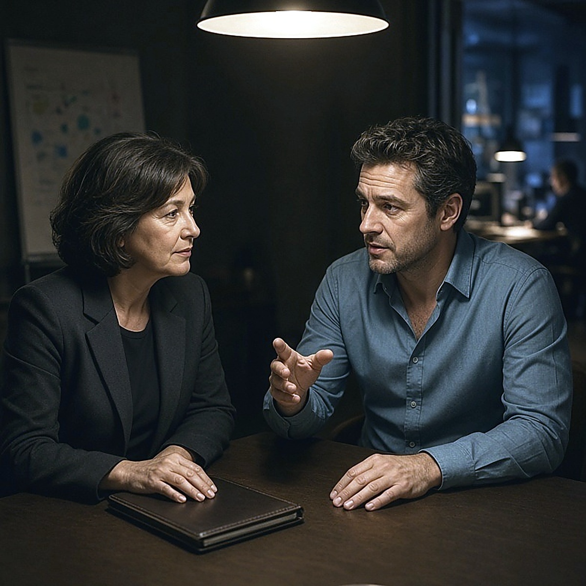 Two executives in conversation across the corner of a meeting-room table, one listening with a hand resting on a closed folio, a populated office floor beyond the open door.