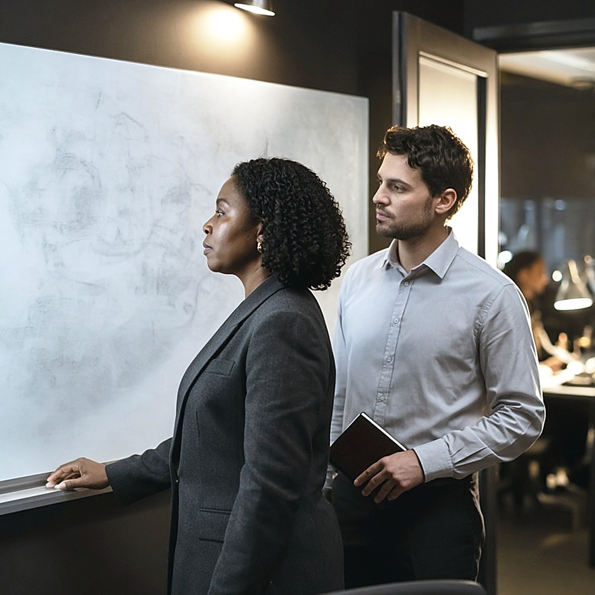 Two colleagues at a whiteboard, one indicating a point on the board while the other follows, a populated office floor visible through the doorway behind them.