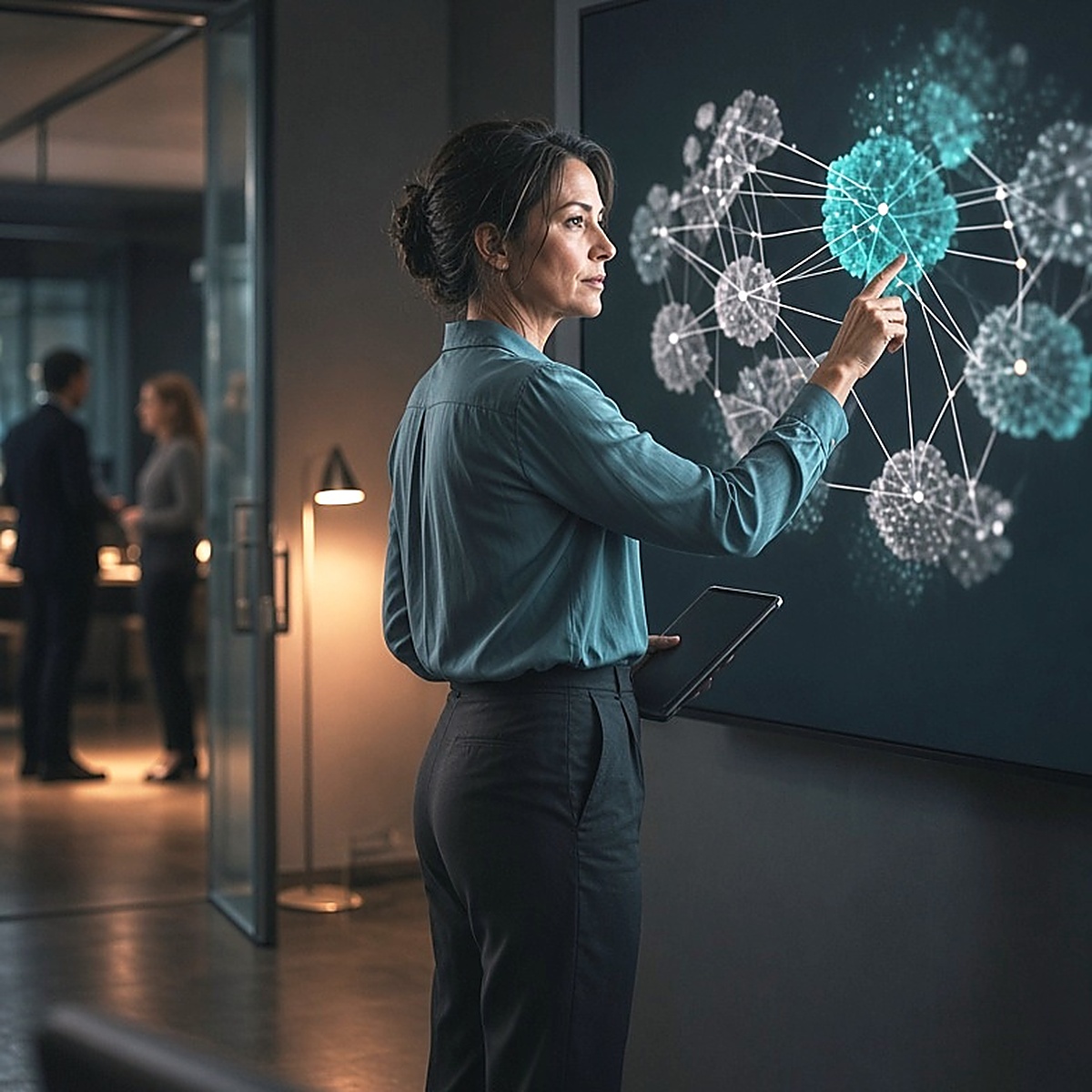 A senior data steward mid-explanation at a wall-mounted screen showing clusters and connecting lines, an open door onto a working floor behind her.