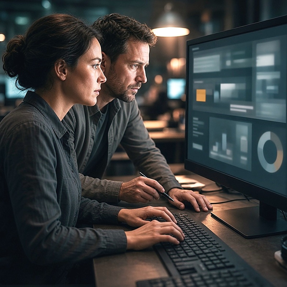 Two practitioners at one large monitor in a daylit office, one seated at the keyboard and one crouched to screen height, both studying the same panel.